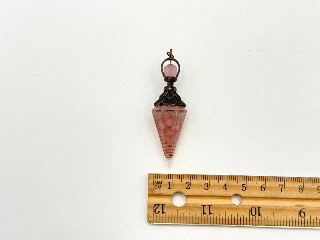 Rose Quartz Gemstone Chips w/ Copper in Resin Pendulum