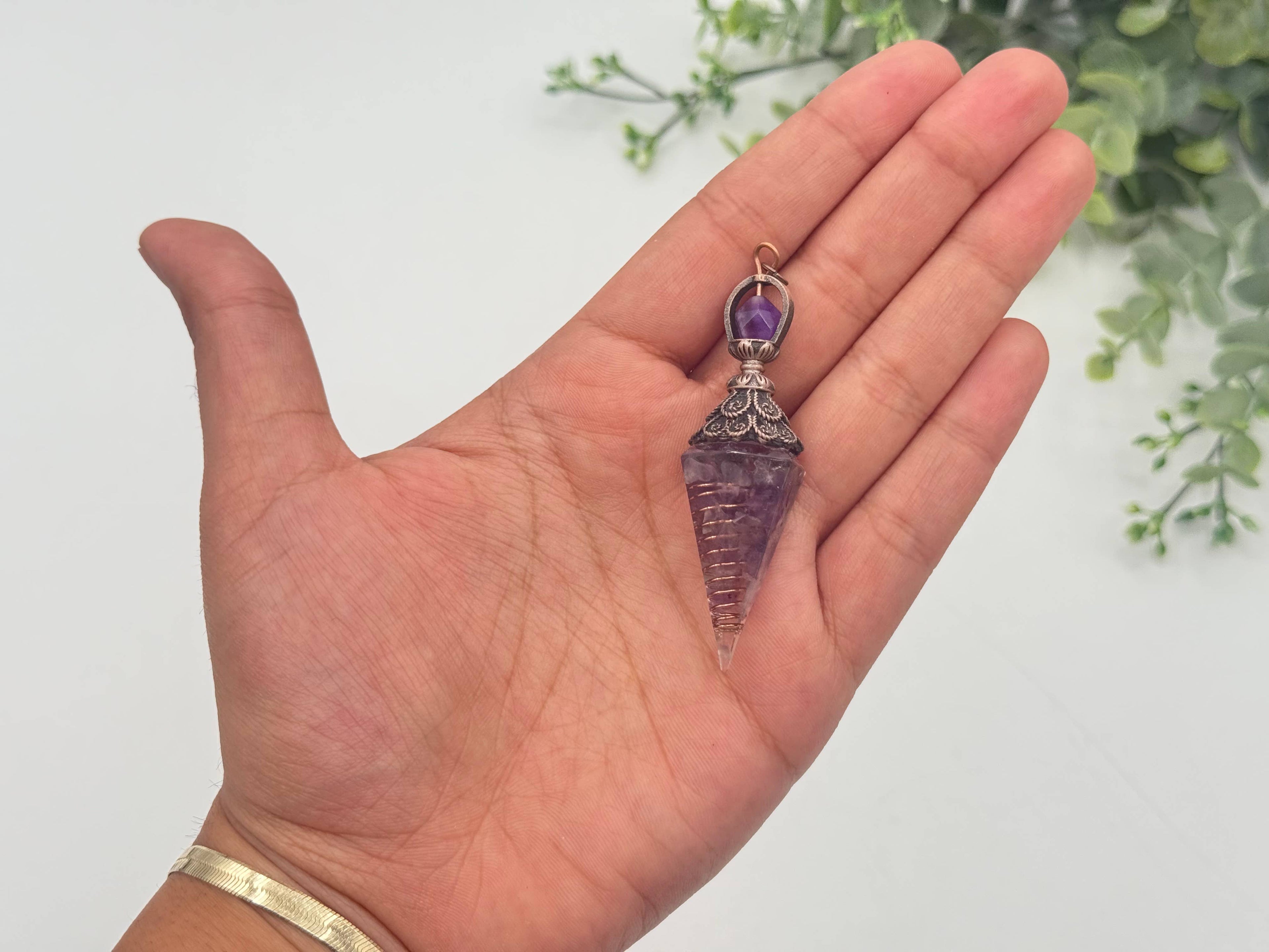 Amethyst Gemstone Chips w/ Copper in Resin Pendulum