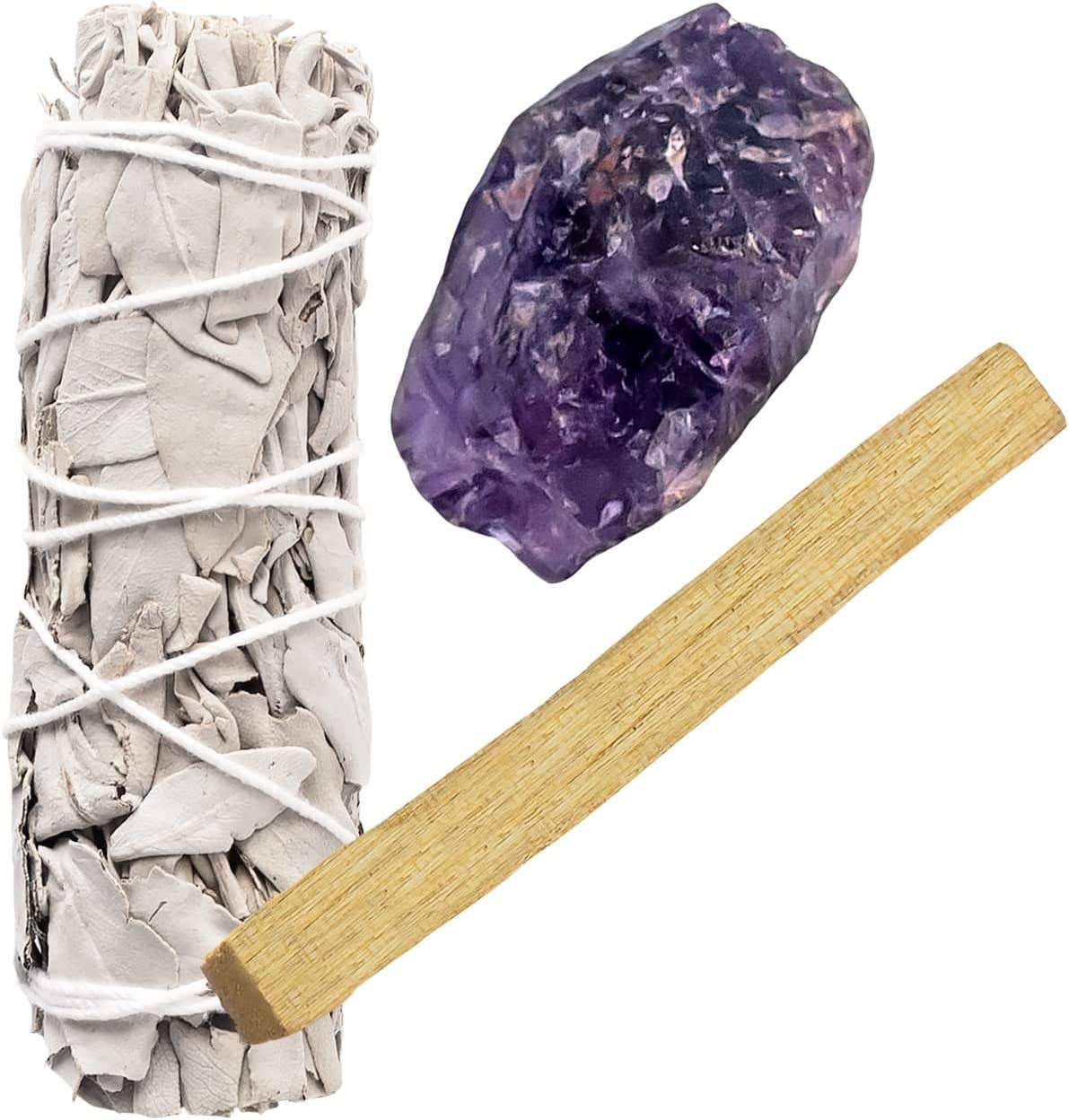 White Sage, Rough Amethyst and Palo Santo Bundle