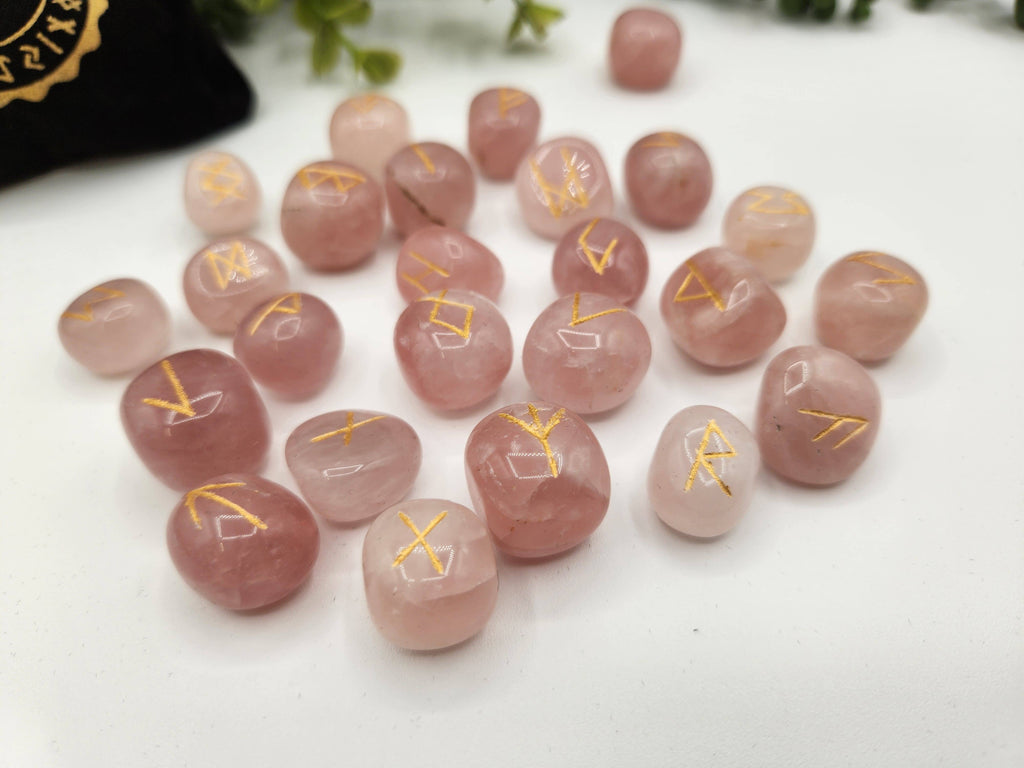 Rose Quartz Semi-Precious Gemstone Rune Sets  & Velvet Pouch