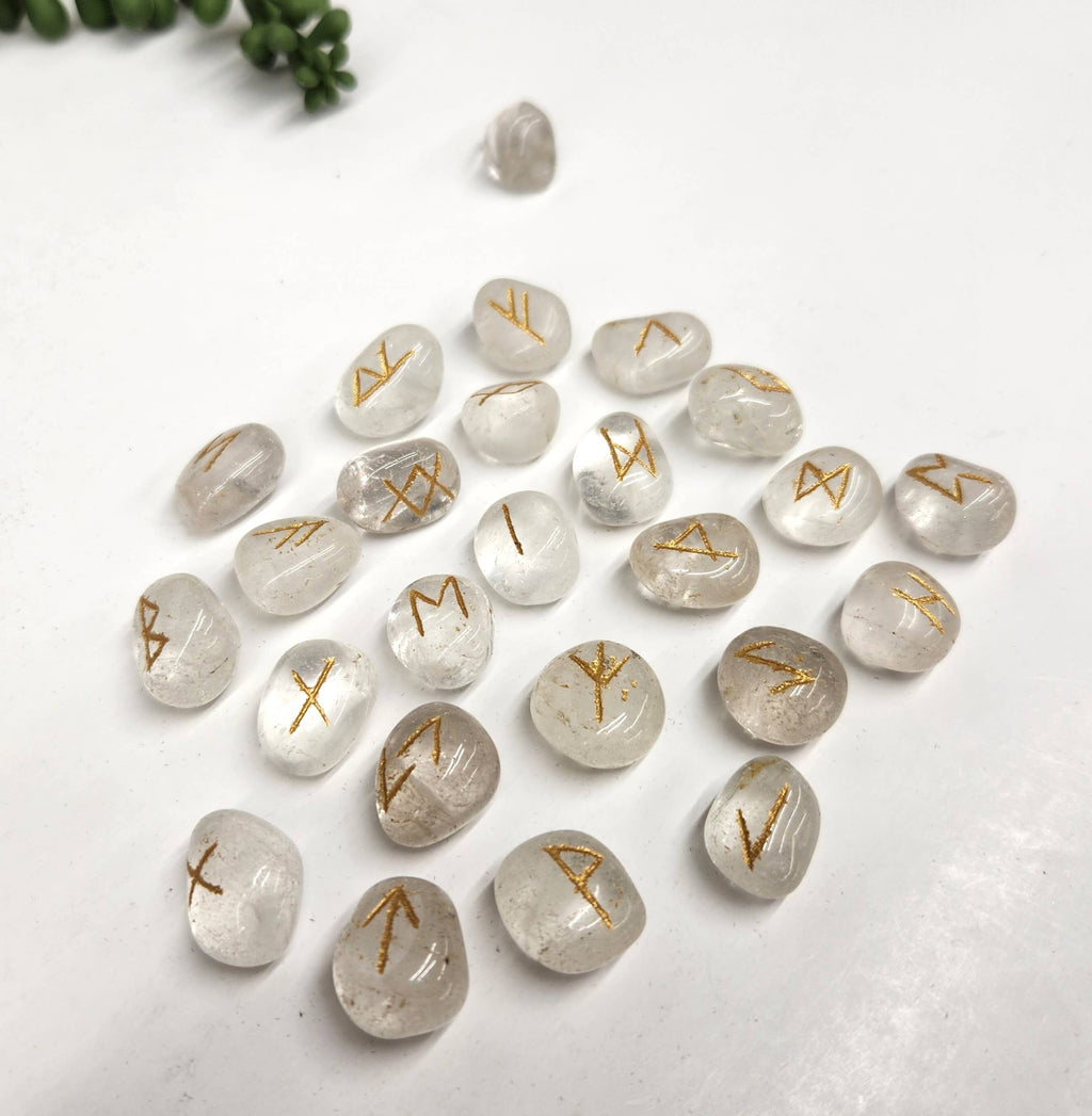 Clear Quartz Gemstone Rune Sets with Velvet Pouch