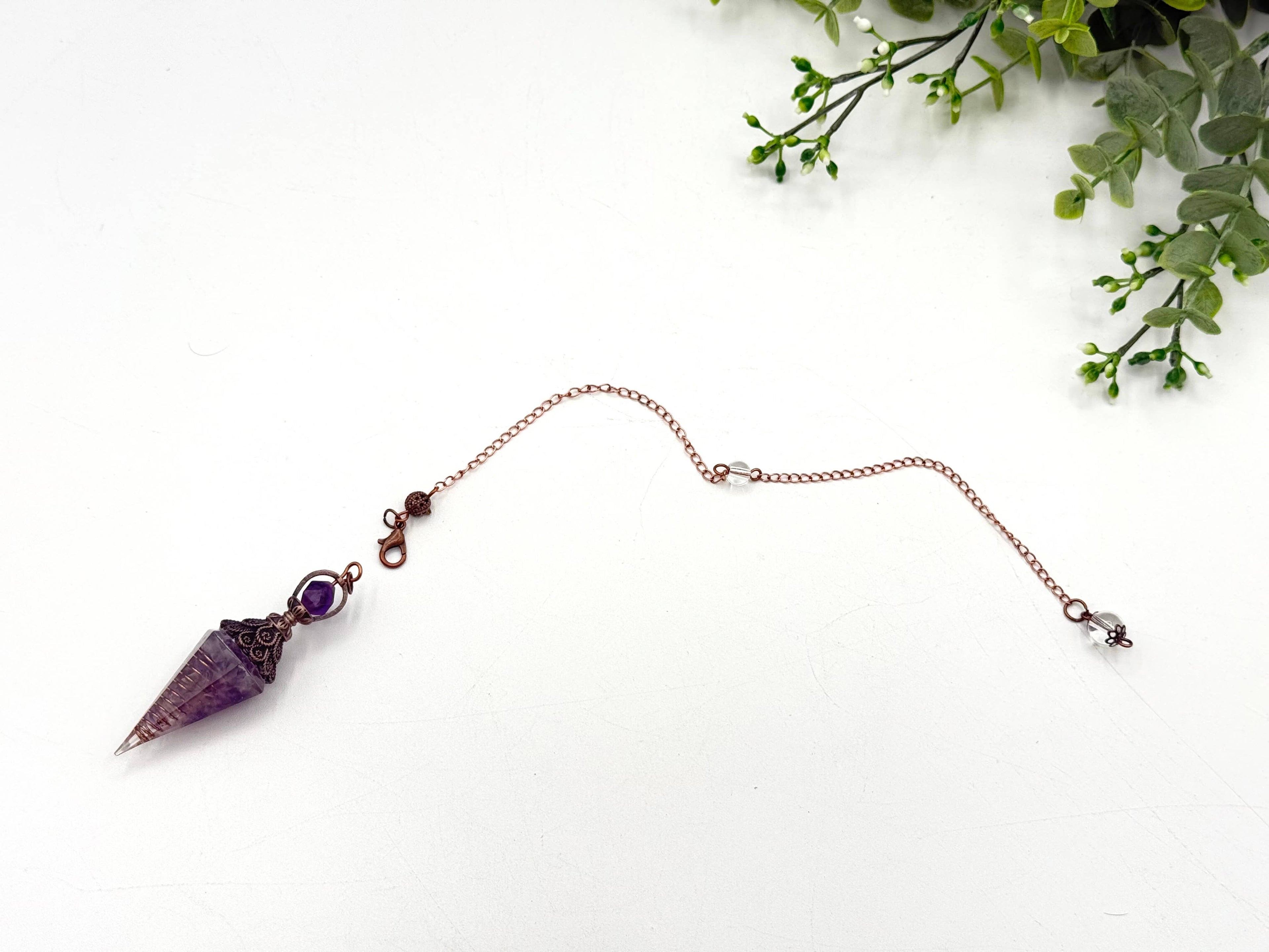 Amethyst Gemstone Chips w/ Copper in Resin Pendulum