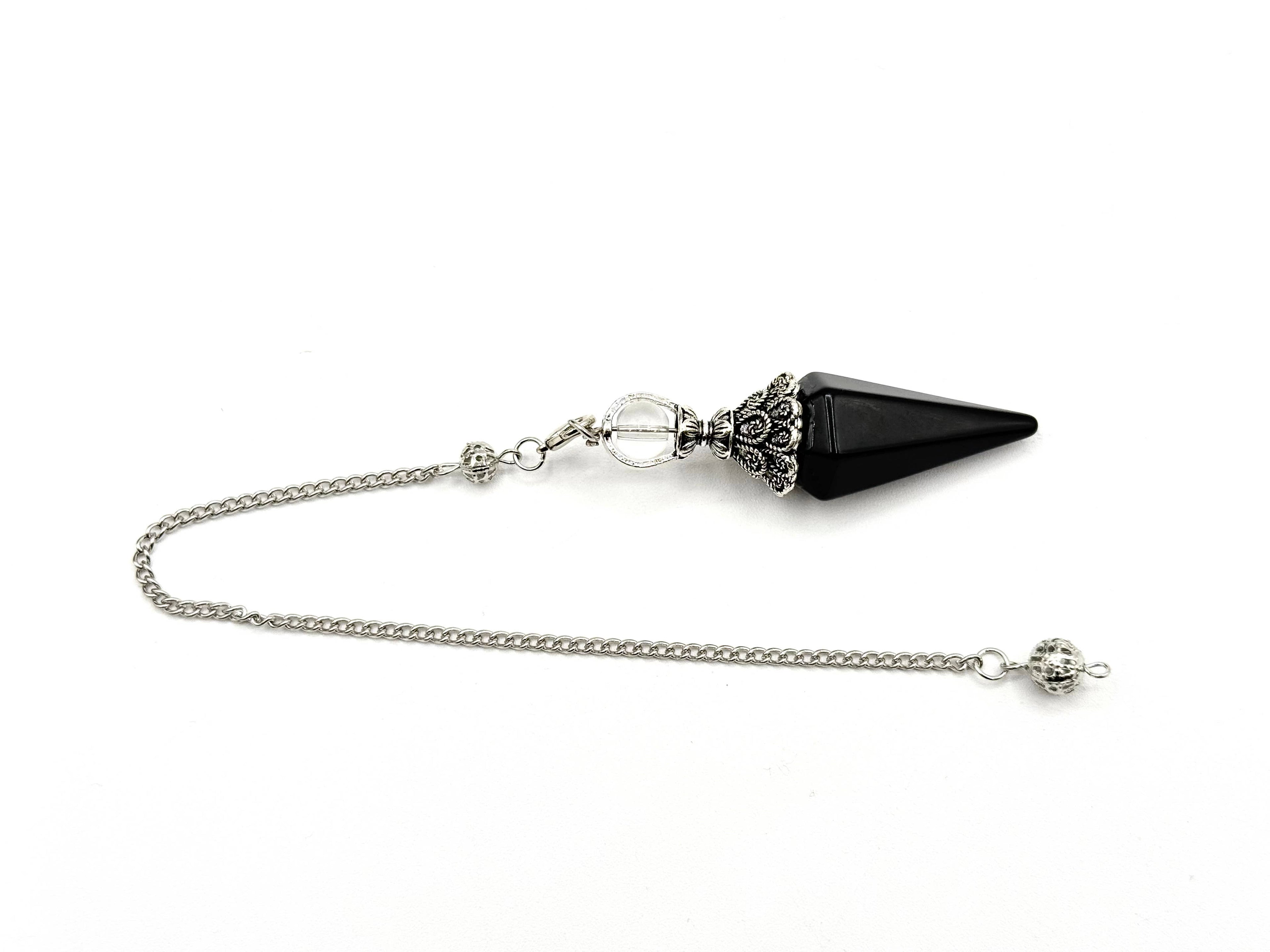 Black Obsidian Double Cap Pendulum with Silver Plate Chain
