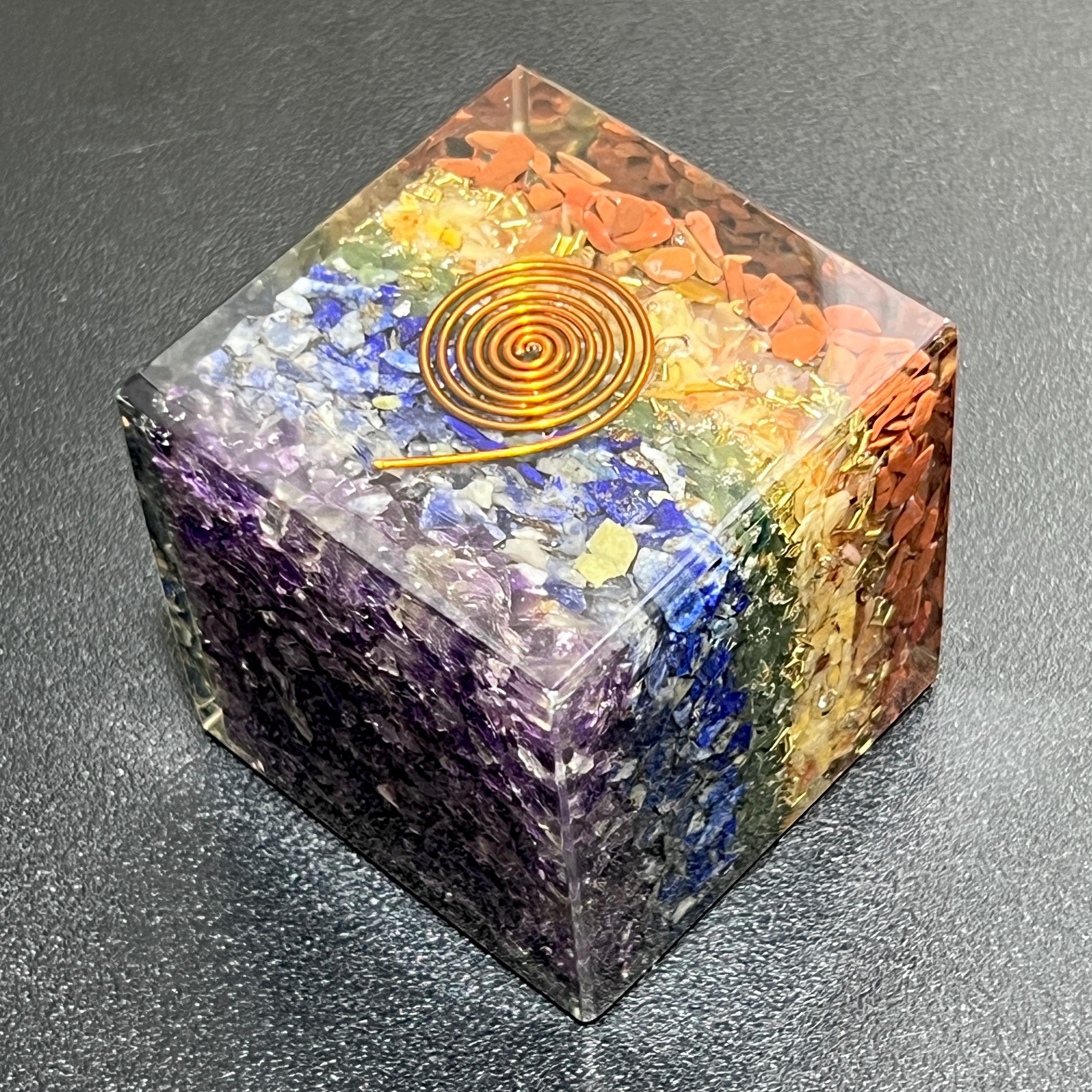 Large 7-Stone Crystal Resin Orgone Cube Reiki Chakra Carving