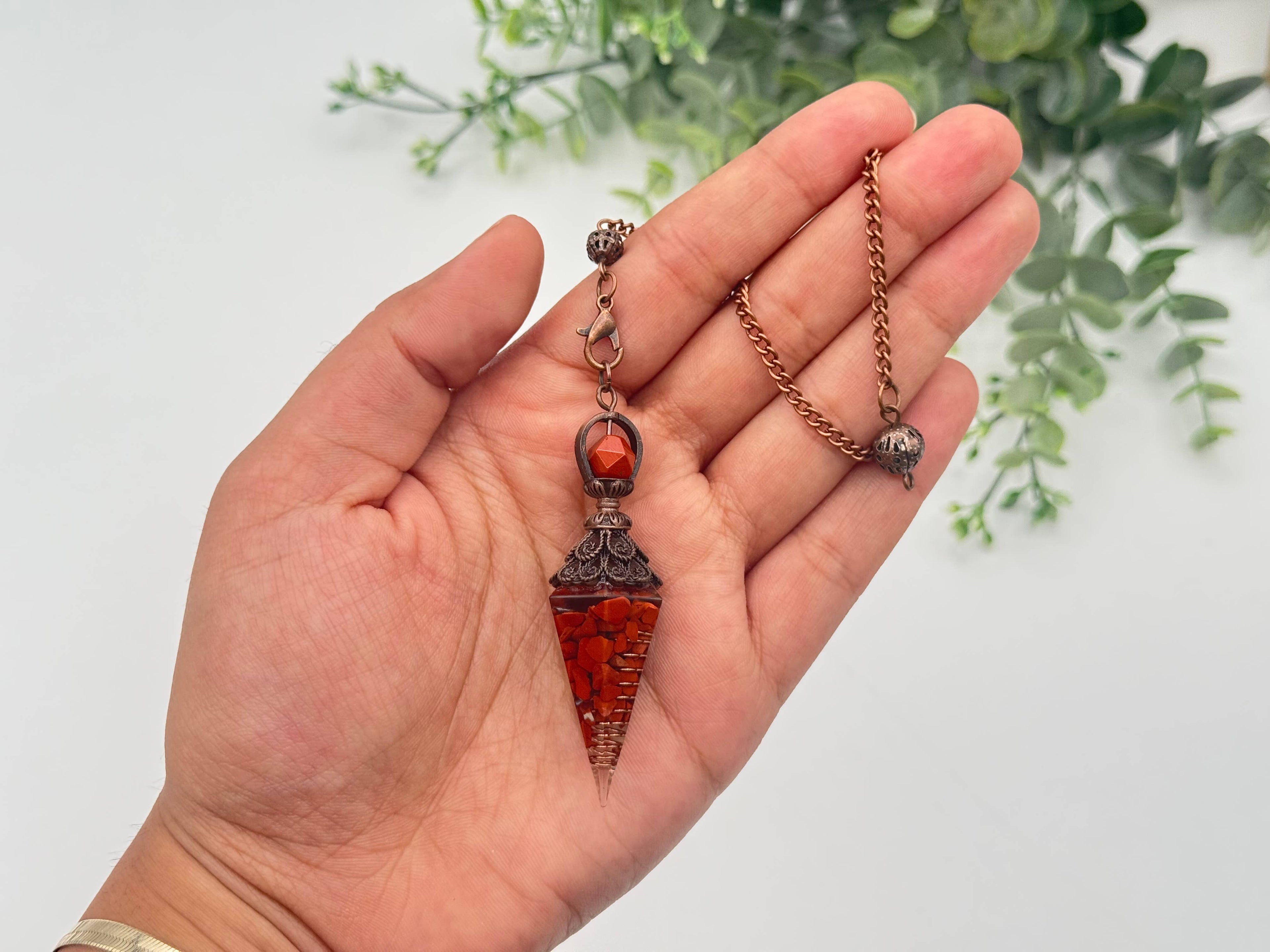 Red Jasper Gemstone Chips w/ Copper in Resin Pendulum