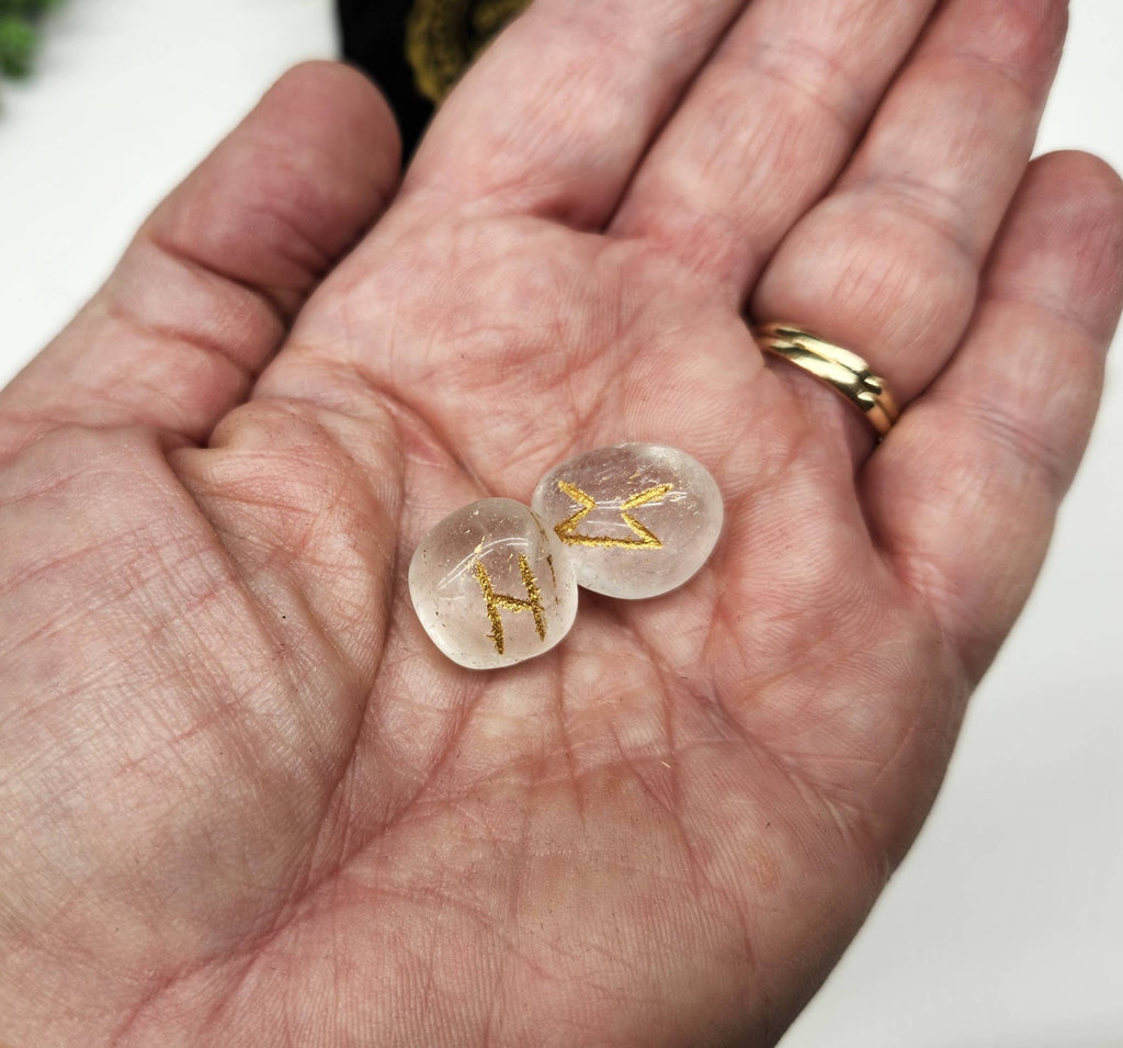 Clear Quartz Gemstone Rune Sets with Velvet Pouch