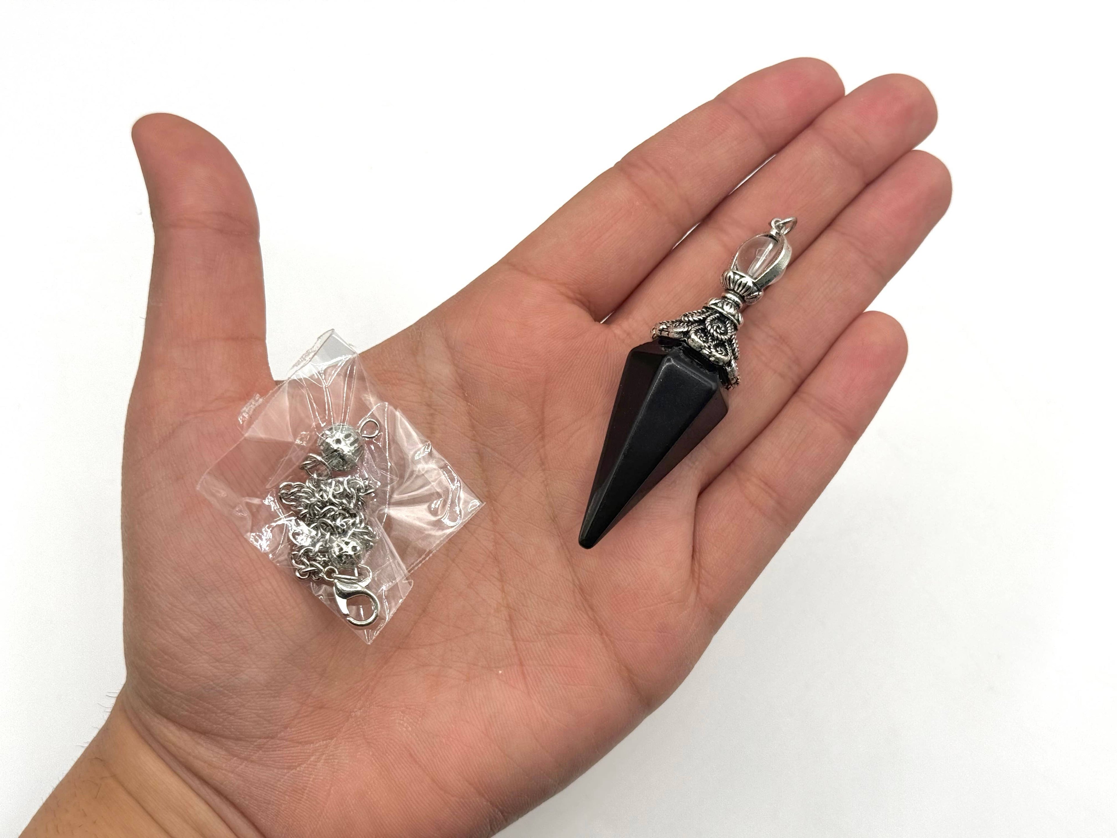 Black Obsidian Double Cap Pendulum with Silver Plate Chain