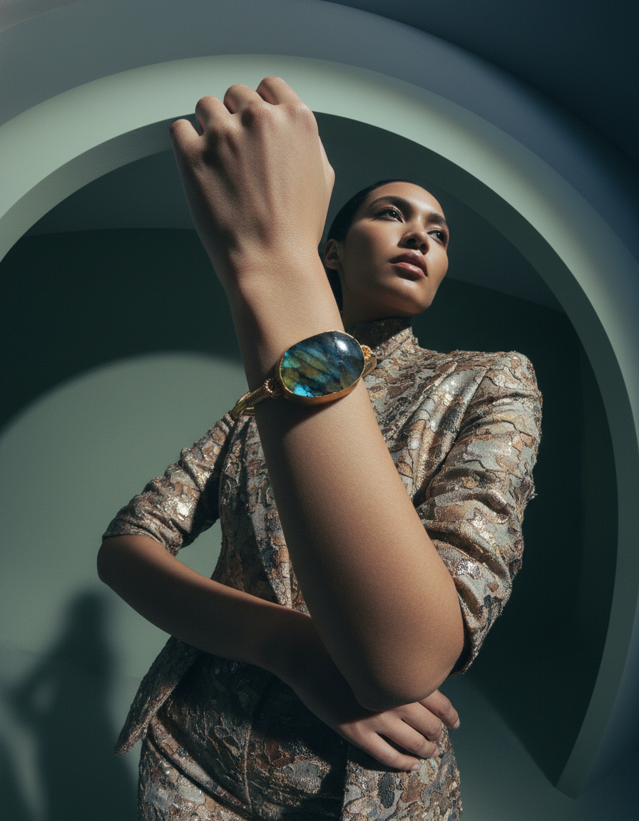 Open Bracelet with Labradorite — 18K Gold Plated