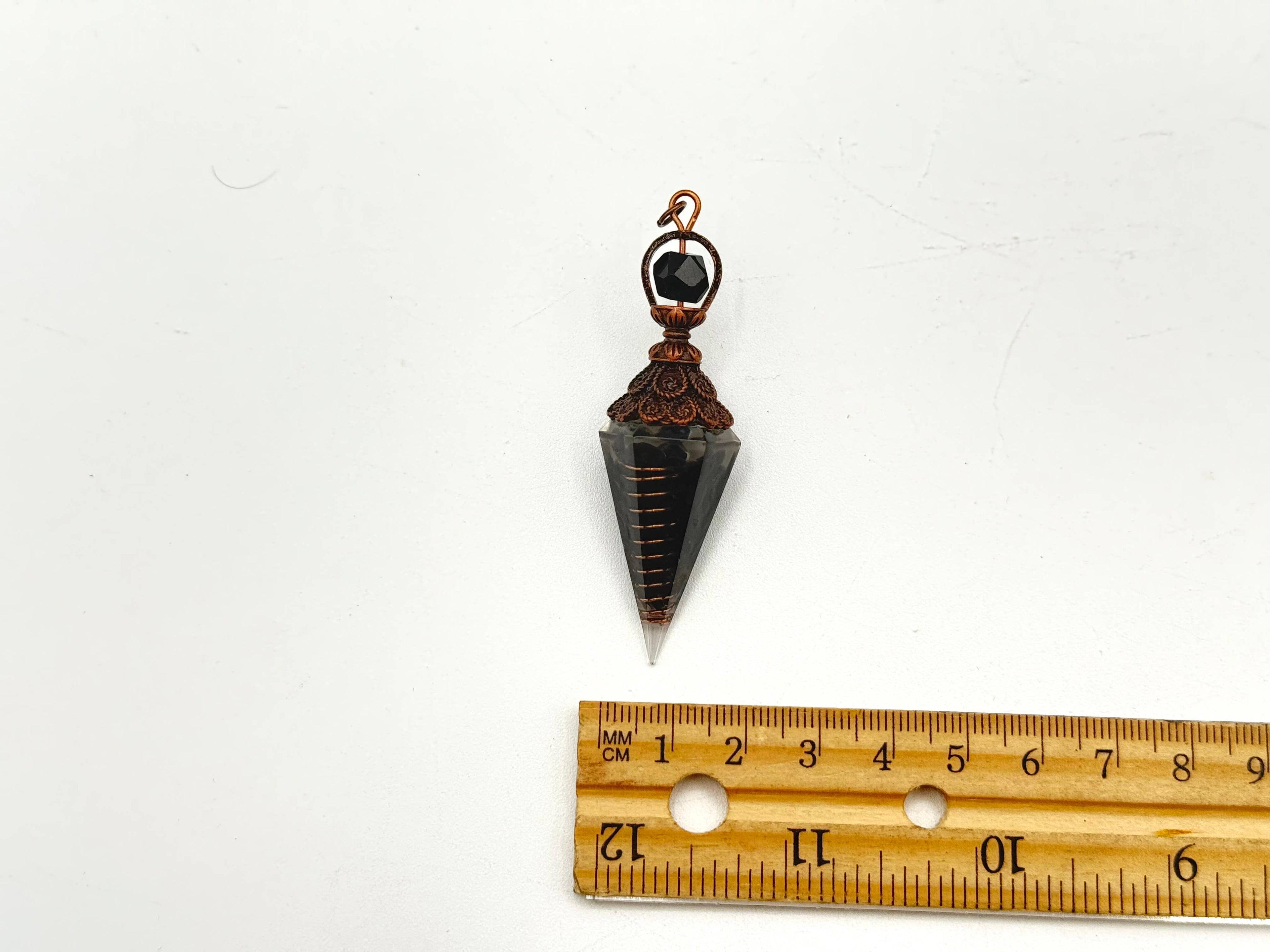 Black Obsidian Gemstone Chips with Copper in Resin Pendulum