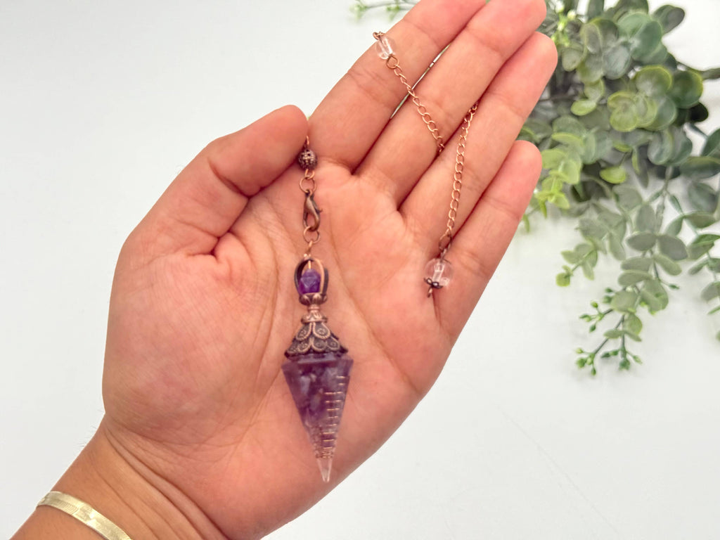 Amethyst Gemstone Chips w/ Copper in Resin Pendulum