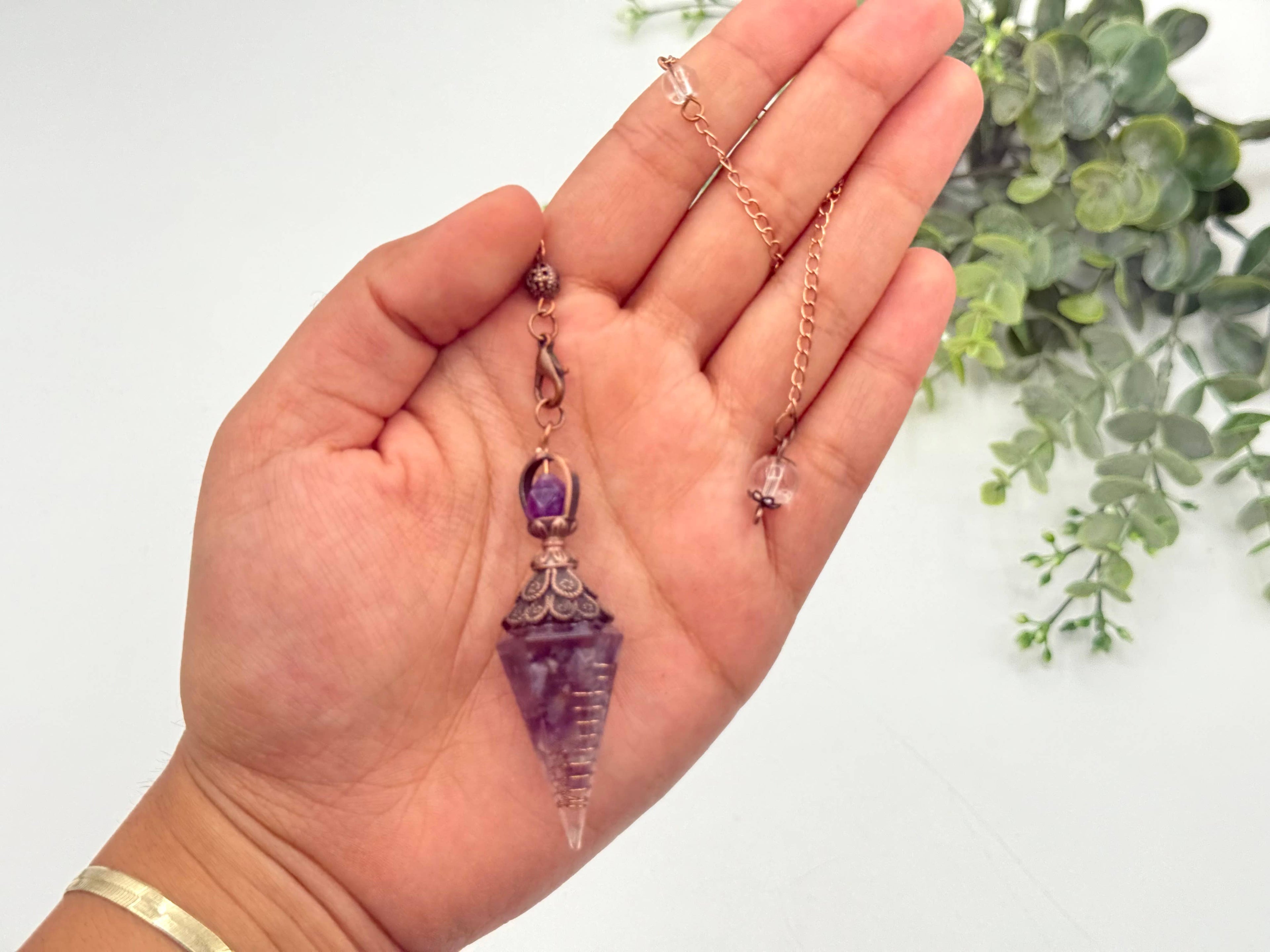 Amethyst Gemstone Chips w/ Copper in Resin Pendulum