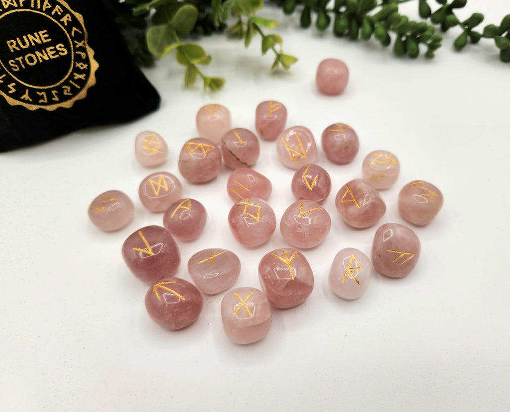 Rose Quartz Semi-Precious Gemstone Rune Sets  & Velvet Pouch
