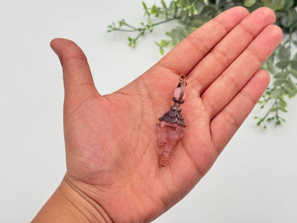 Rose Quartz Gemstone Chips w/ Copper in Resin Pendulum