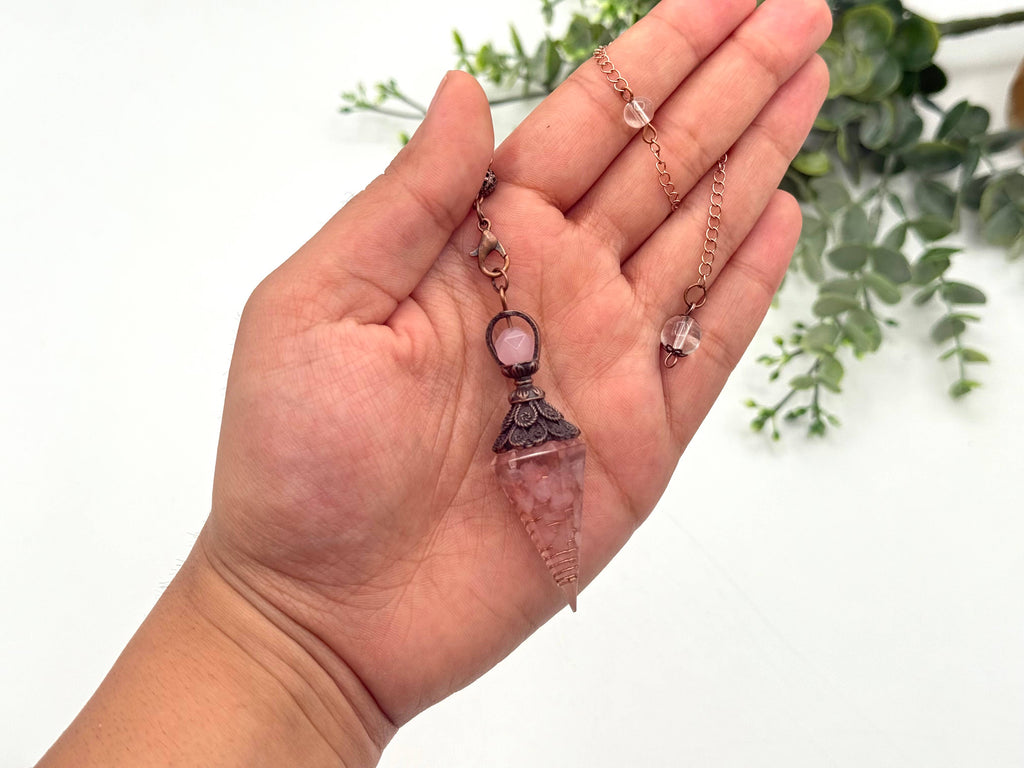 Rose Quartz Gemstone Chips w/ Copper in Resin Pendulum