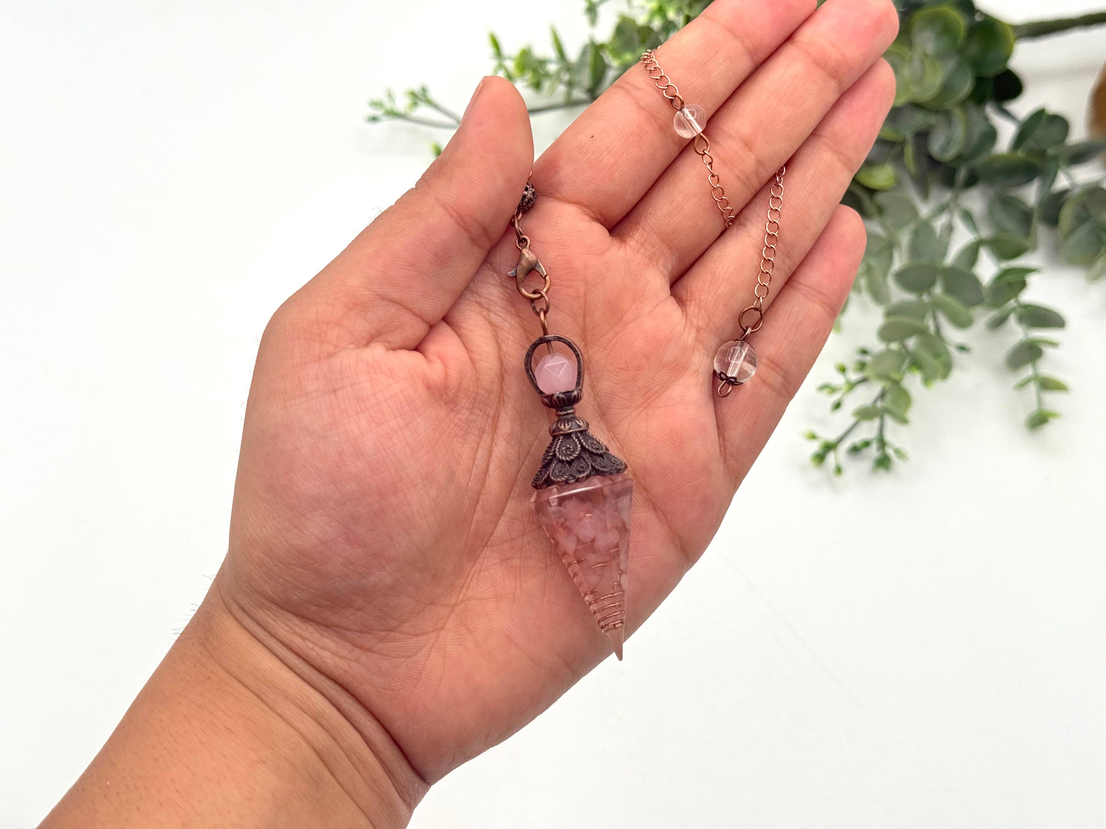 Rose Quartz Gemstone Chips w/ Copper in Resin Pendulum
