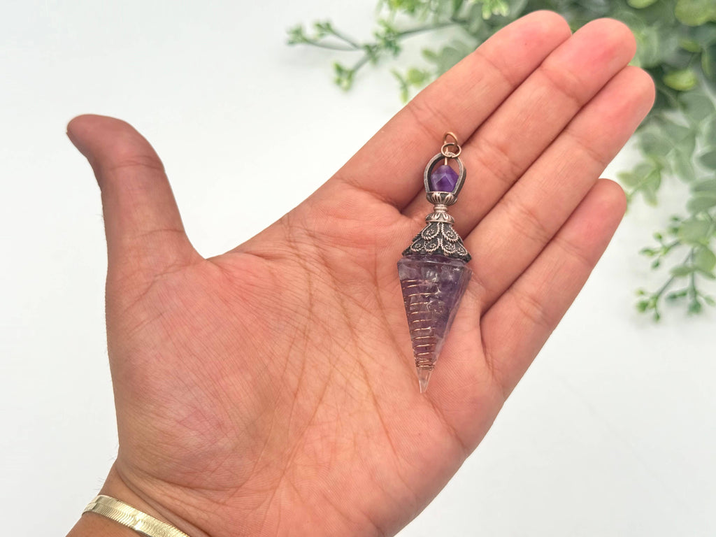 Amethyst Gemstone Chips w/ Copper in Resin Pendulum