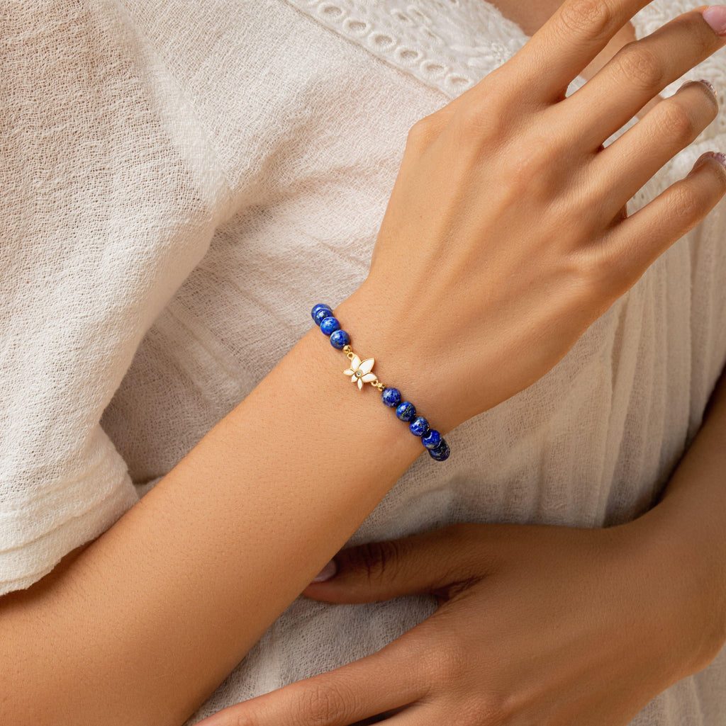 Bloom with Brilliance - Lapis Lazuli Lotus Charm Bracelet