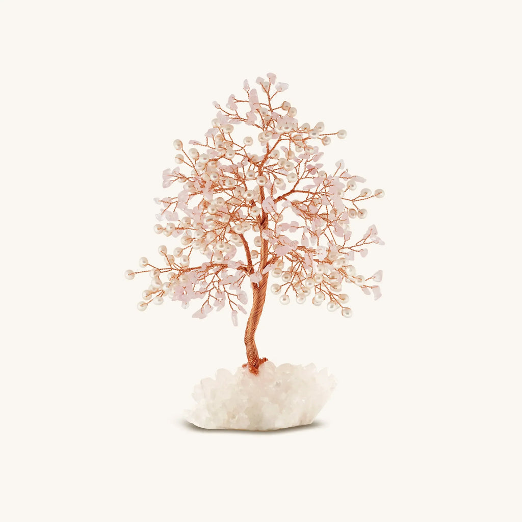 Uplifting Endearment Rose Quartz & Pearl Feng Shui Tree on White Quartz