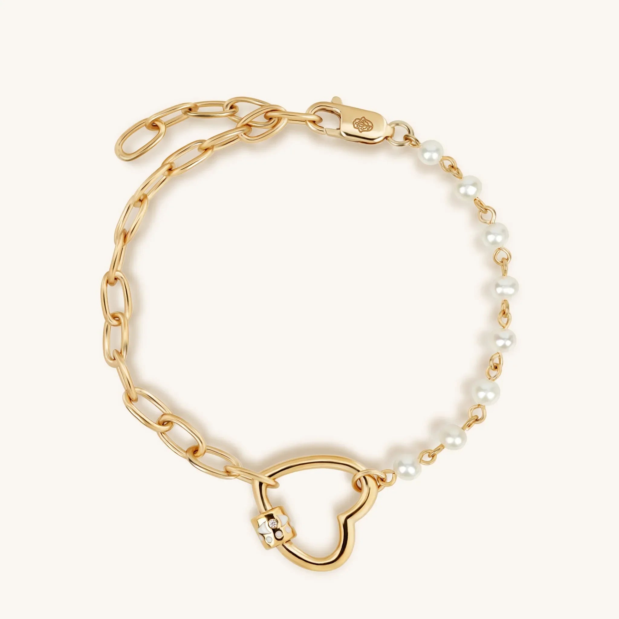 Iridescent Grace - Pearl Diamond Heart Charm Bracelet