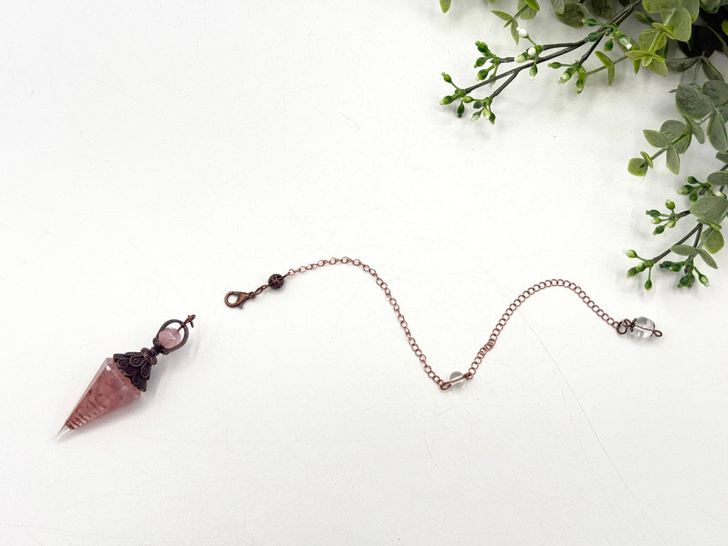 Rose Quartz Gemstone Chips w/ Copper in Resin Pendulum