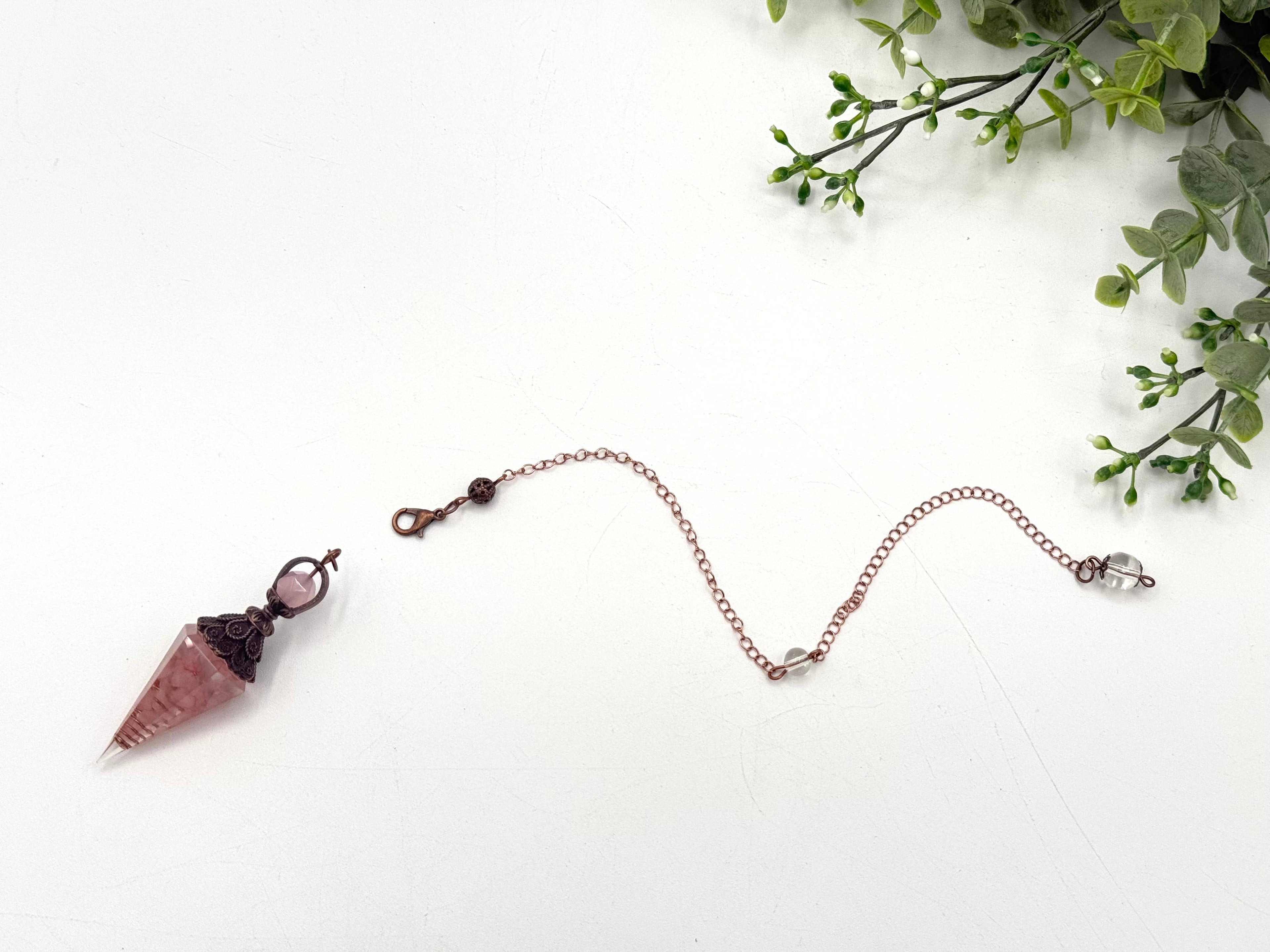 Rose Quartz Gemstone Chips w/ Copper in Resin Pendulum