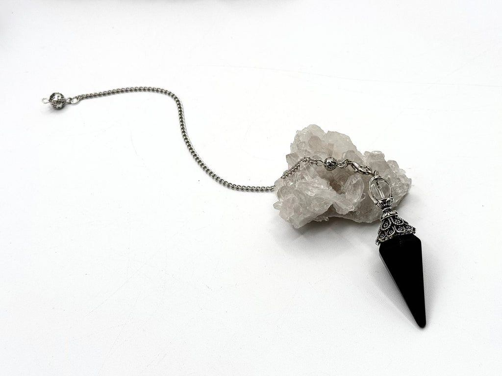 Black Obsidian Double Cap Pendulum with Silver Plate Chain