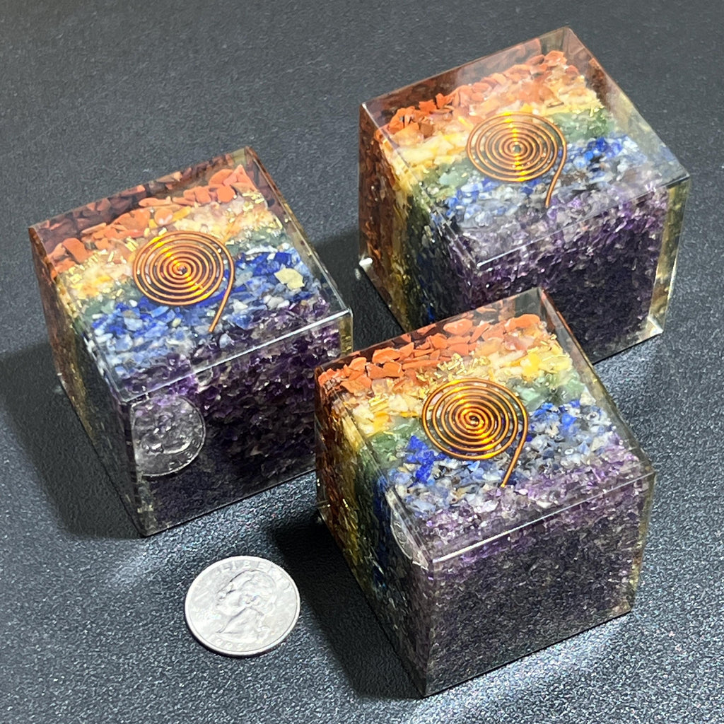 Large 7-Stone Crystal Resin Orgone Cube Reiki Chakra Carving