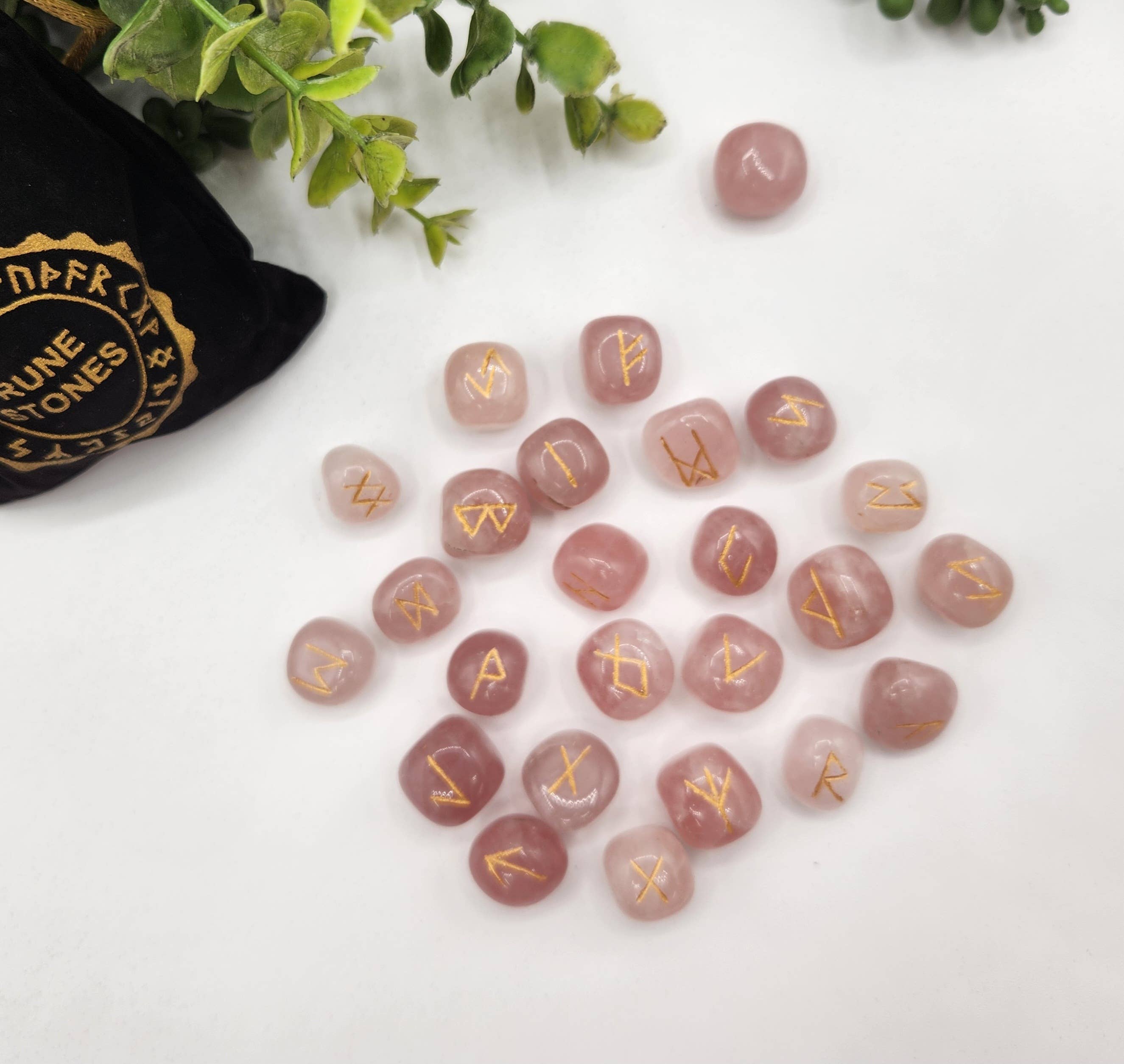 Rose Quartz Semi-Precious Gemstone Rune Sets  & Velvet Pouch