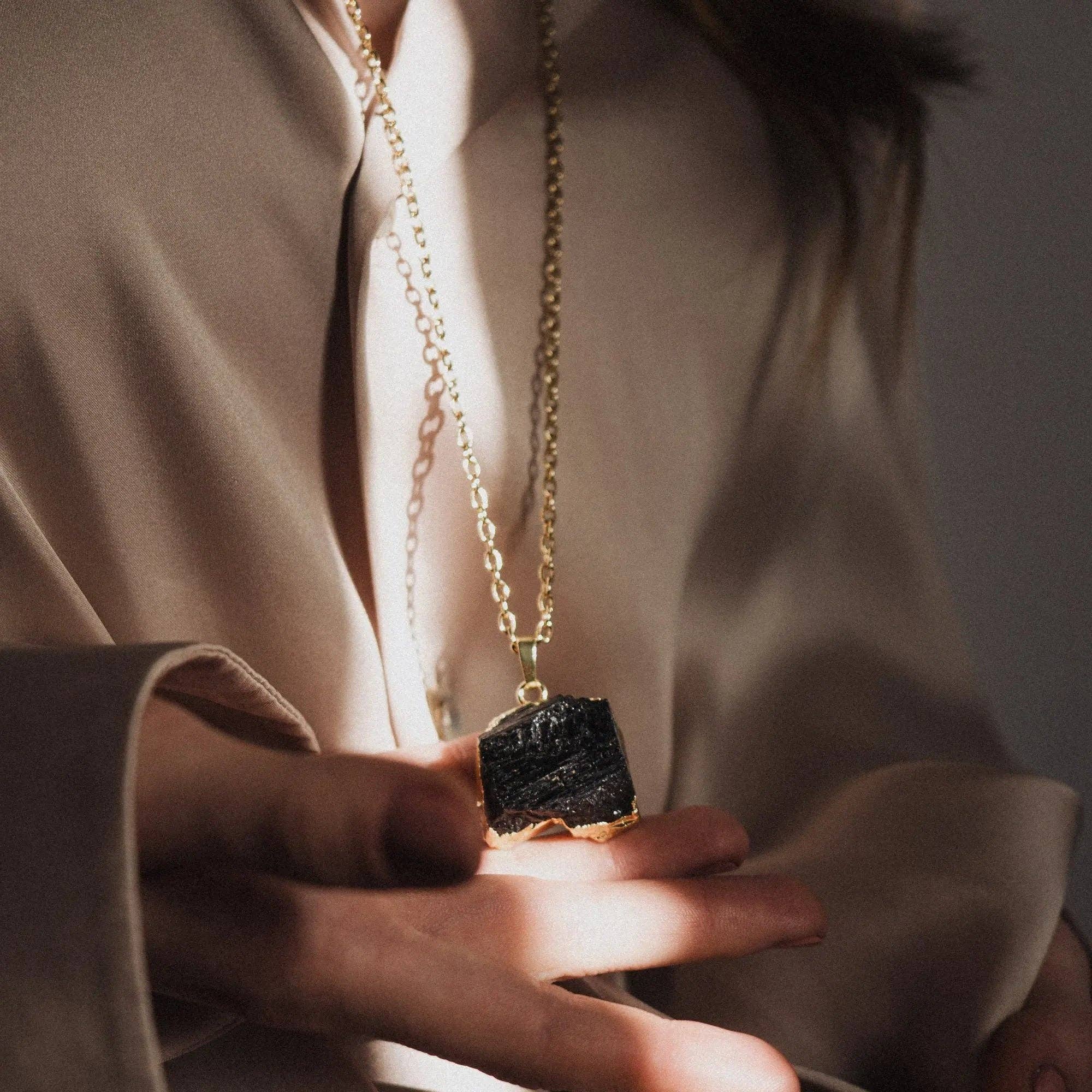 Black Tourmaline Necklace, Natural Stone Pendant