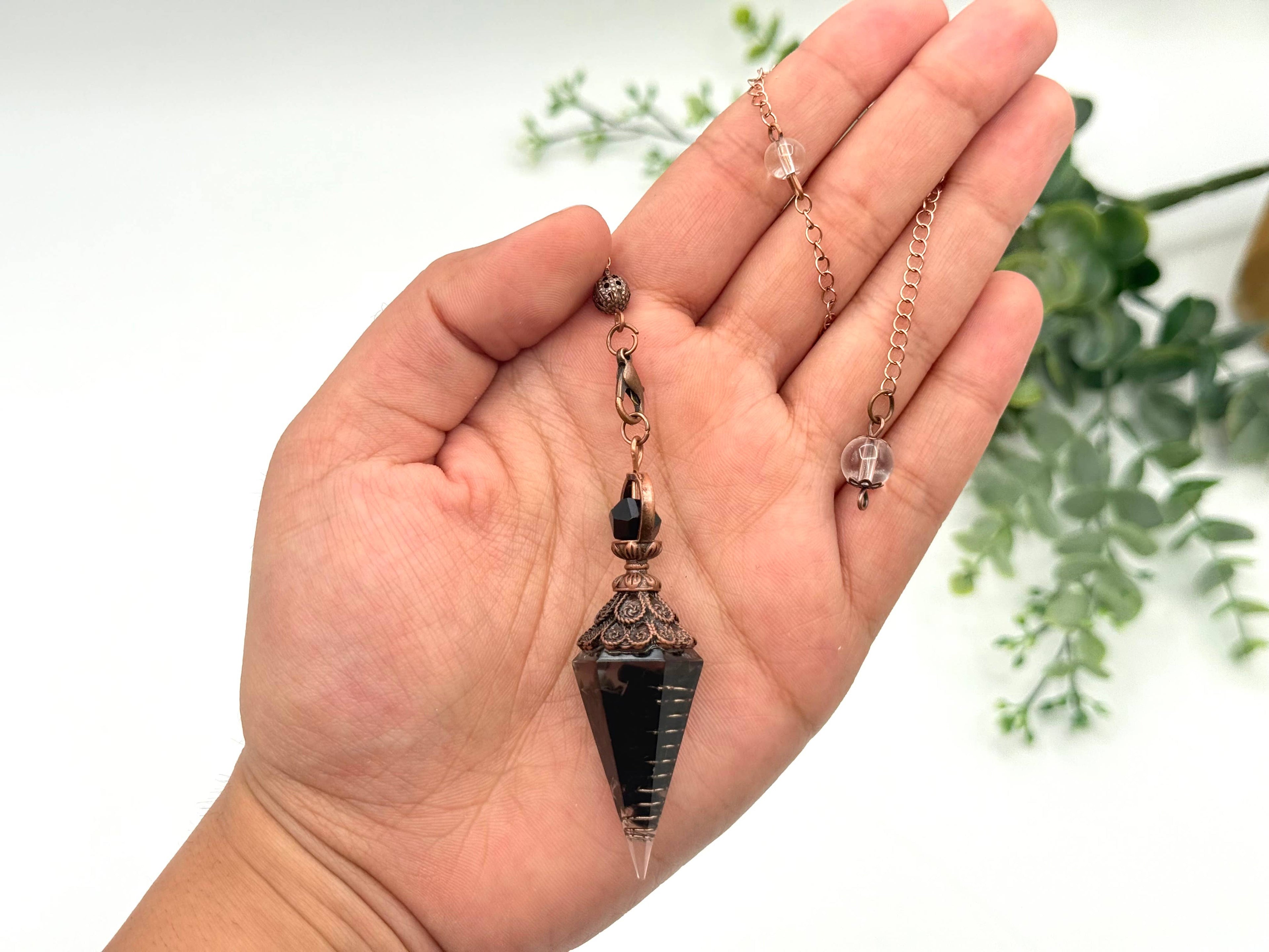 Black Obsidian Gemstone Chips with Copper in Resin Pendulum