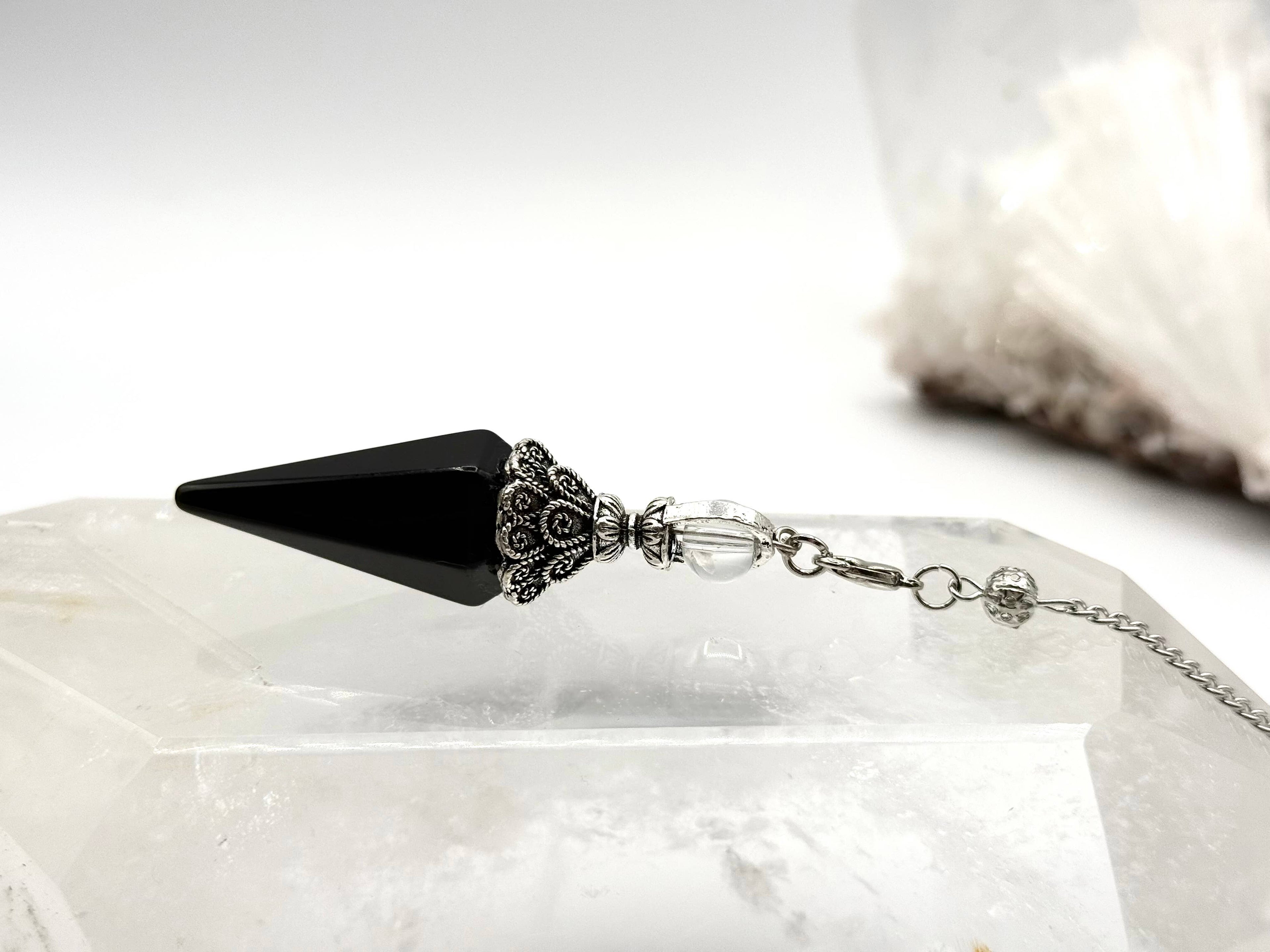 Black Obsidian Double Cap Pendulum with Silver Plate Chain