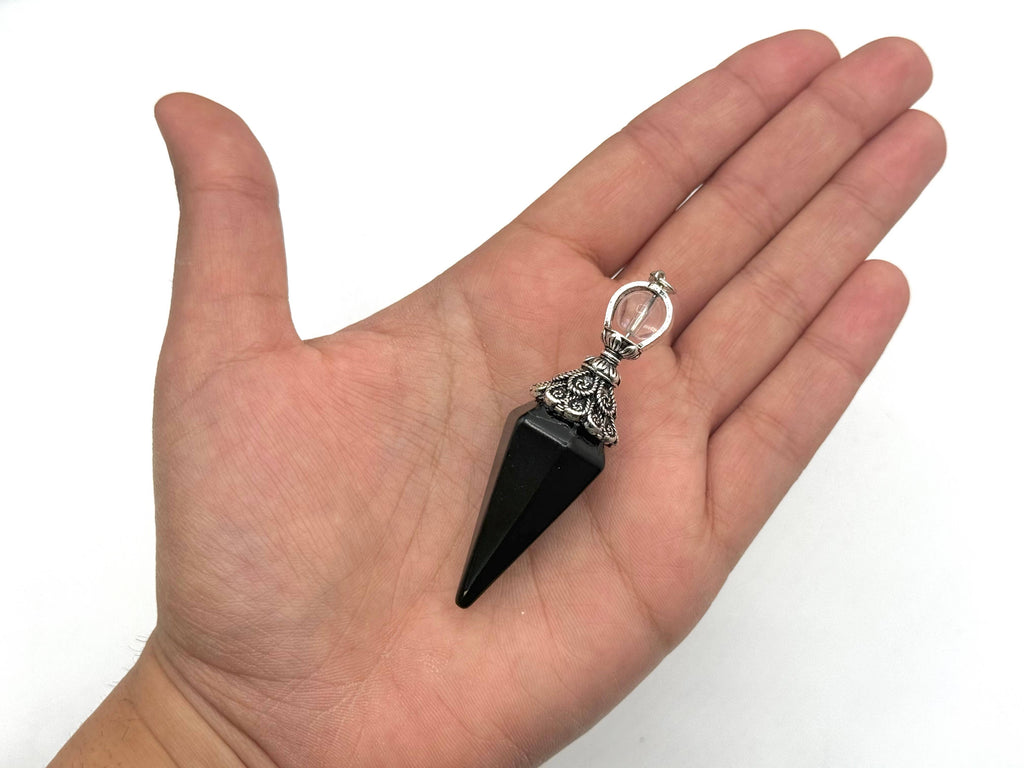 Black Obsidian Double Cap Pendulum with Silver Plate Chain