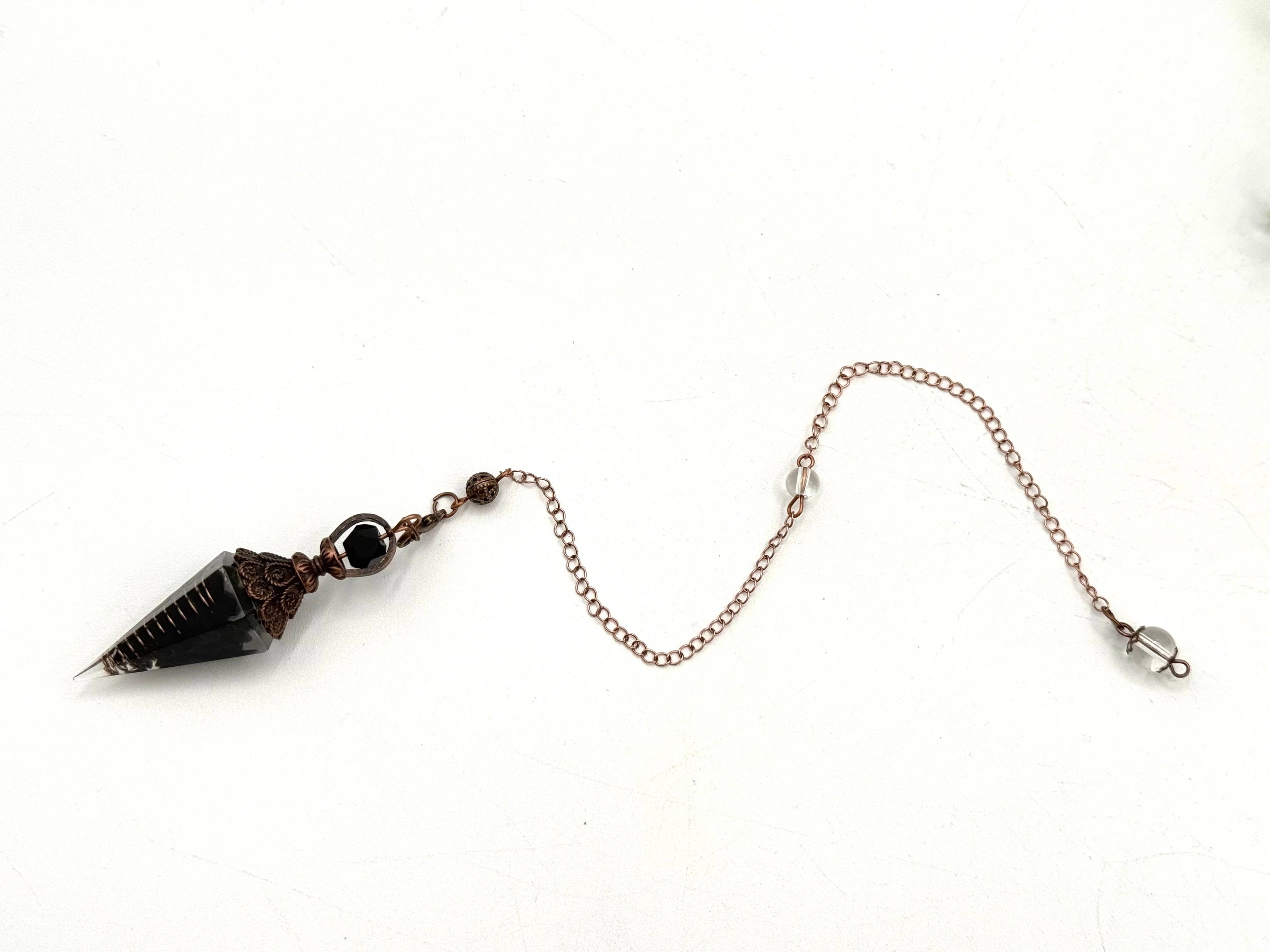 Black Obsidian Gemstone Chips with Copper in Resin Pendulum