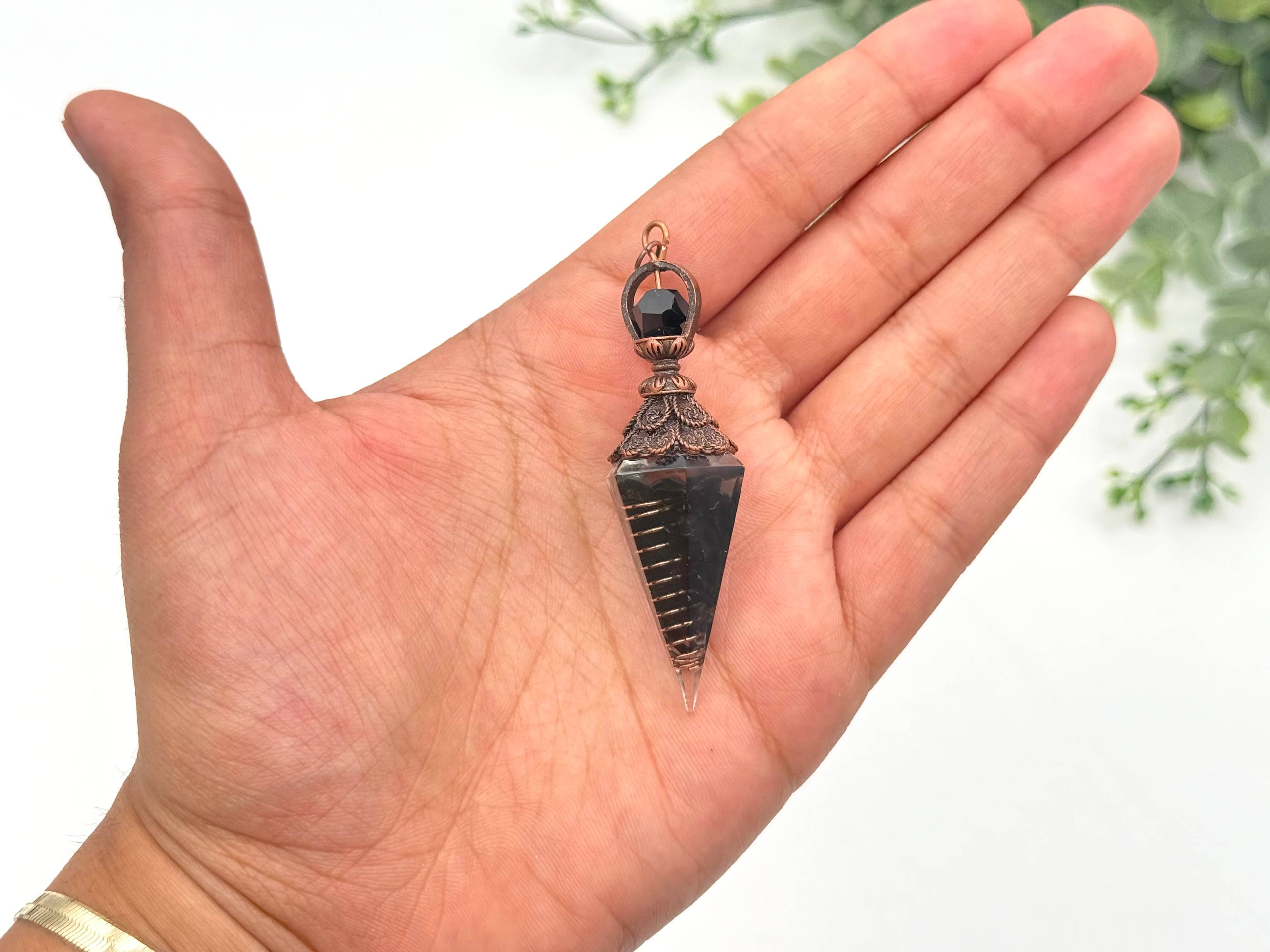 Black Obsidian Gemstone Chips with Copper in Resin Pendulum